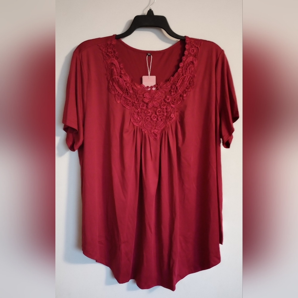 Dark Red Pullover Blouse Flowy Top Embroidered Neckline